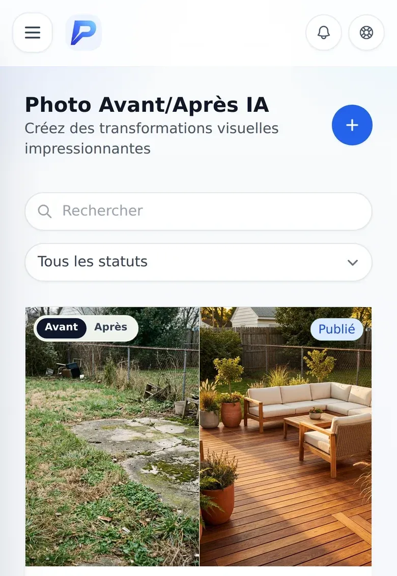 Écran Photo Avant/Après de Prospecto : un jardin en friche à gauche, la terrasse en bois aménagée à droite, générée par l’application