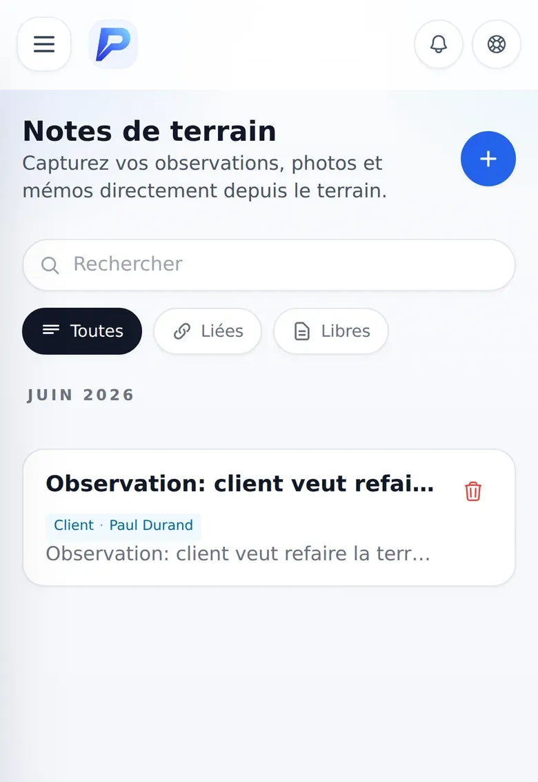 Écran Notes de terrain de Prospecto : recherche, filtres Toutes, Liées et Libres, et une note d’observation rattachée à un client.