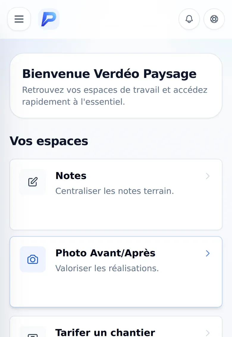 Accueil de l’application Prospecto sur mobile : Vos espaces avec Notes, Photo Avant/Après et Tarifer un chantier.