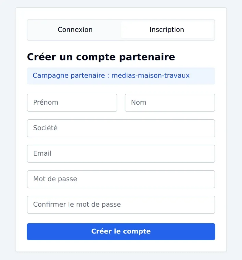 Écran d’inscription du portail partenaire Prospecto : la campagne medias-maison-travaux est reconnue, six champs et un bouton Créer le compte.