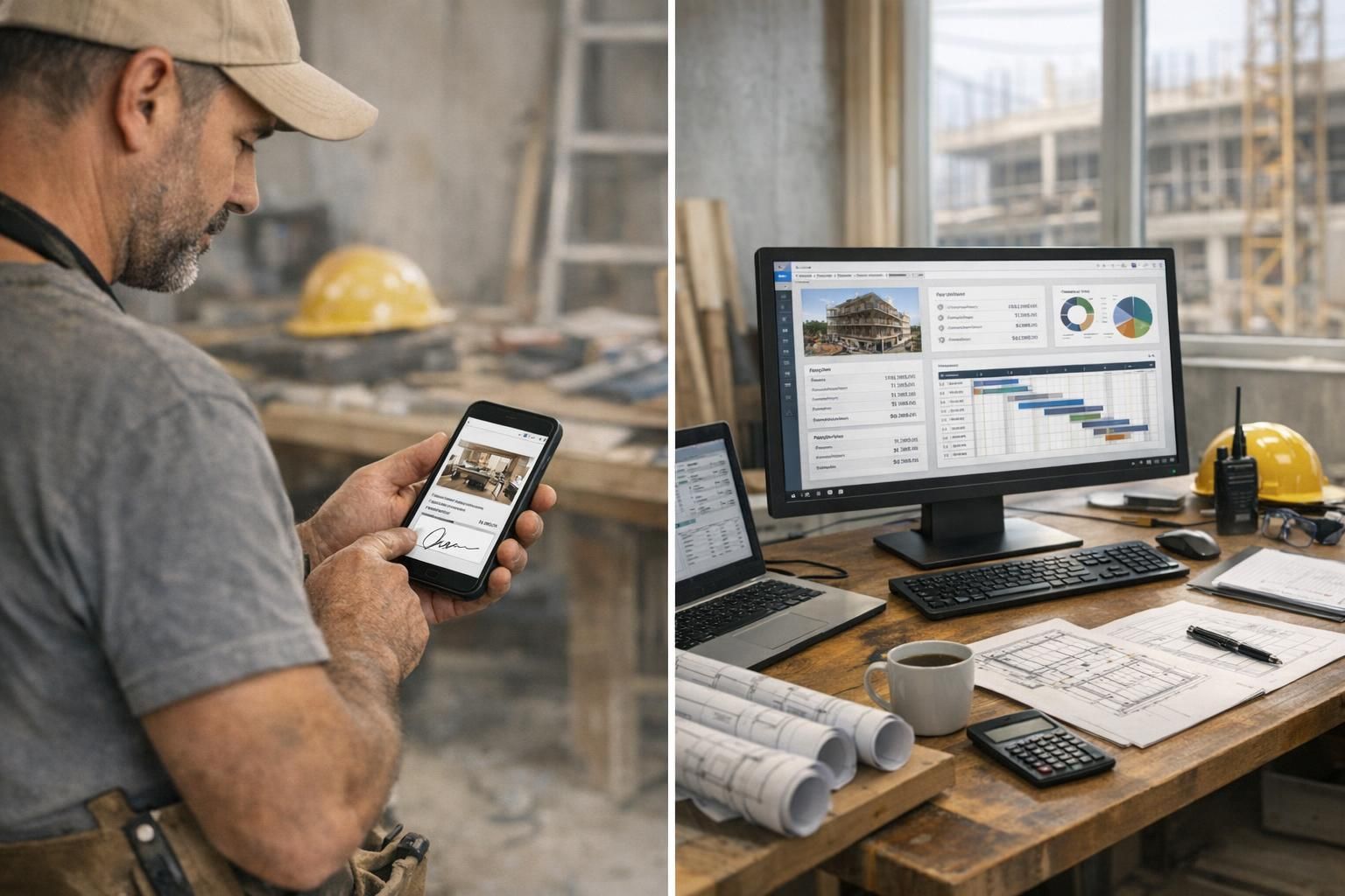Artisan du bâtiment comparant un logiciel de gestion historique et un outil moderne de devis sur mobile