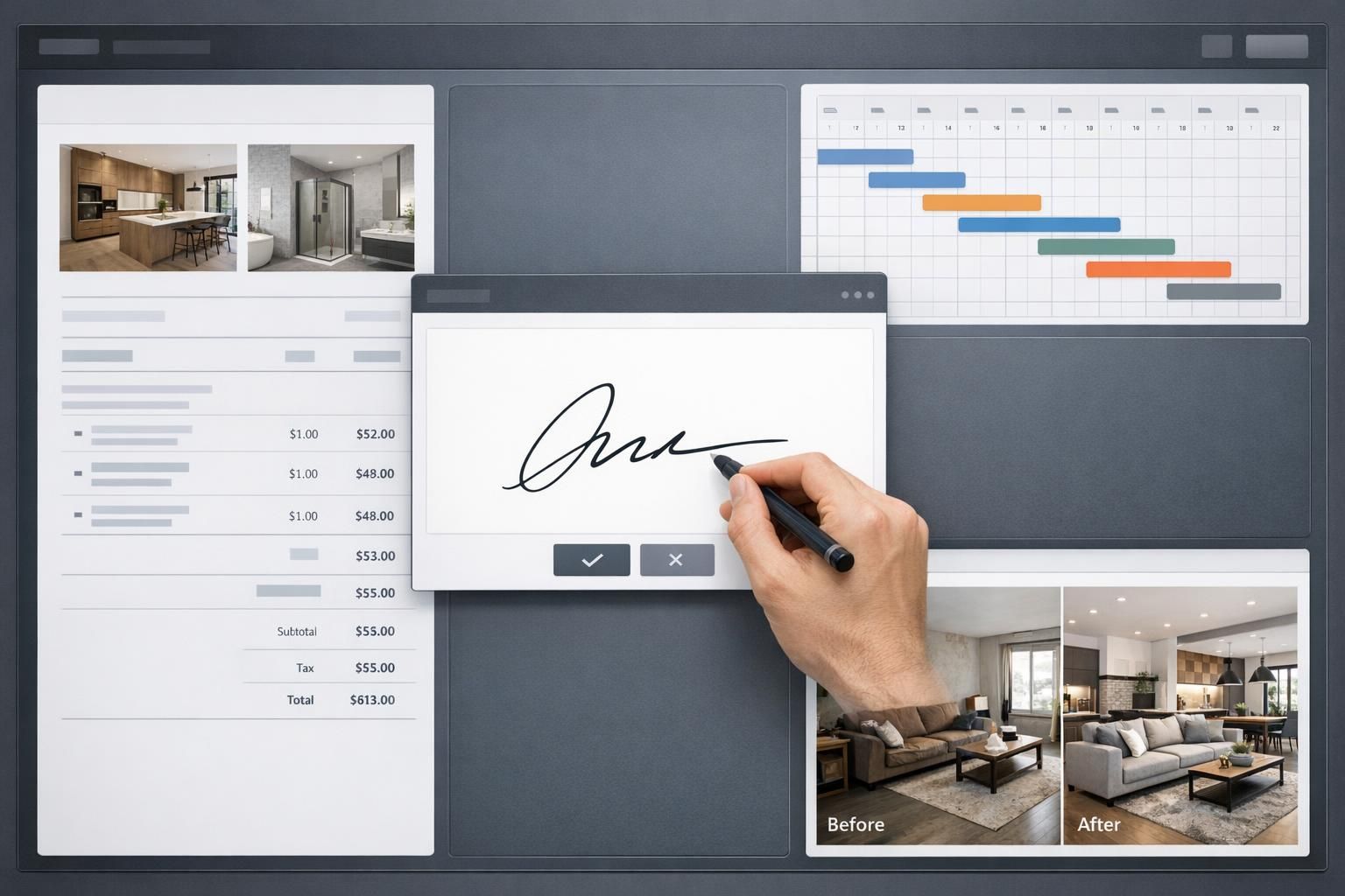 Comparatif visuel entre logiciel de gestion bâtiment et logiciel de devis avec rendu avant après IA