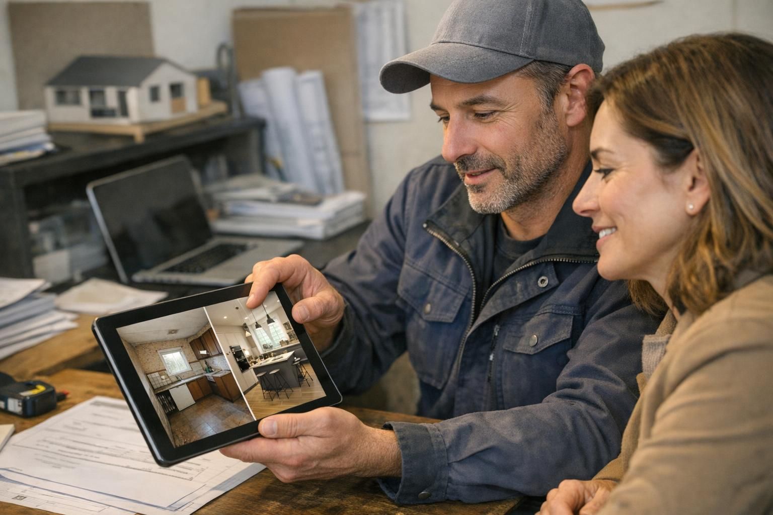 Artisan présentant un devis avec visualisation avant après à une cliente