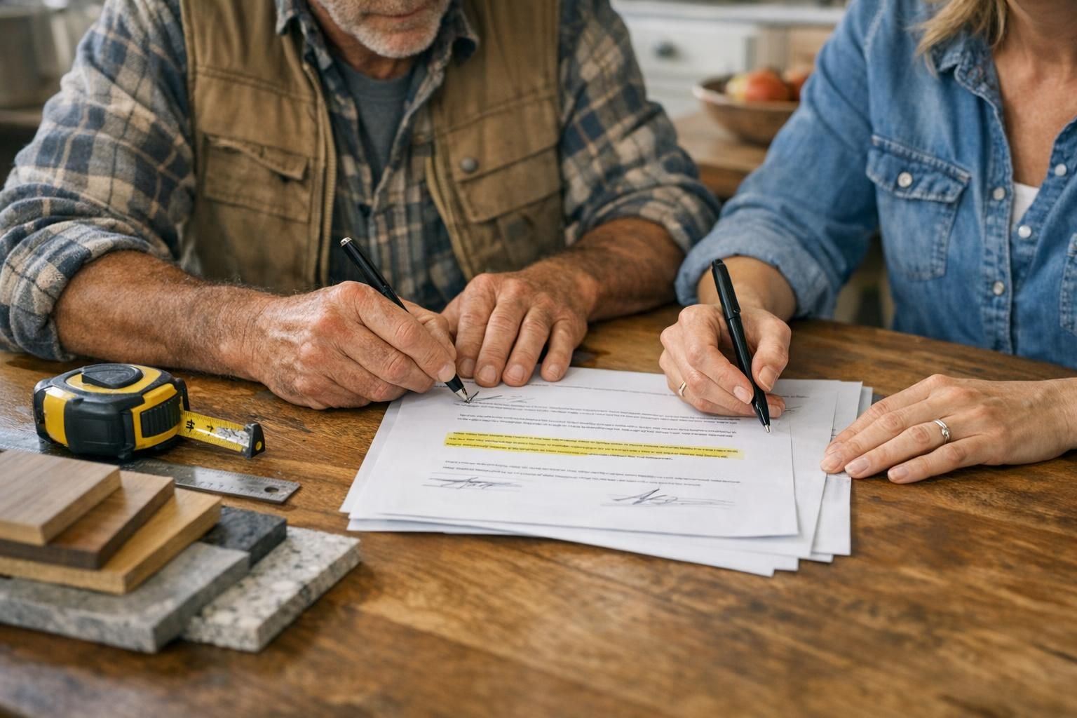 Signature d’un devis de travaux avec mention d’acompte entre un artisan et un client particulier
