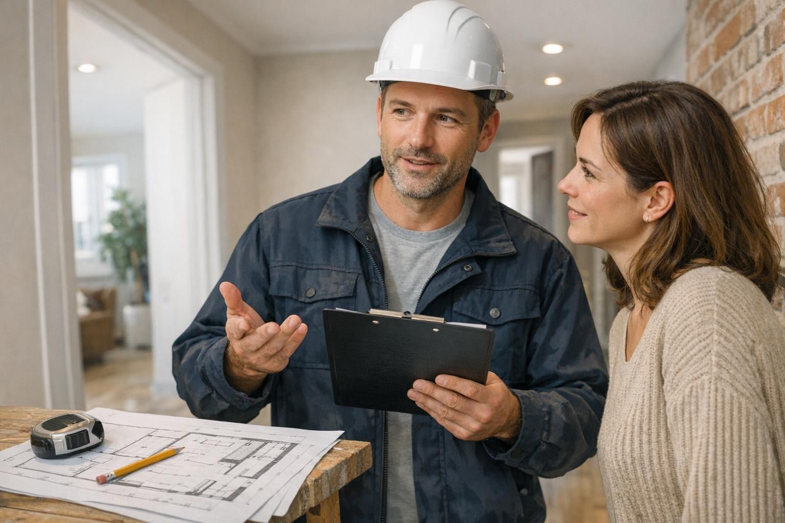 Un artisan explique à un particulier les conditions d’application de la TVA réduite sur des travaux de rénovation.