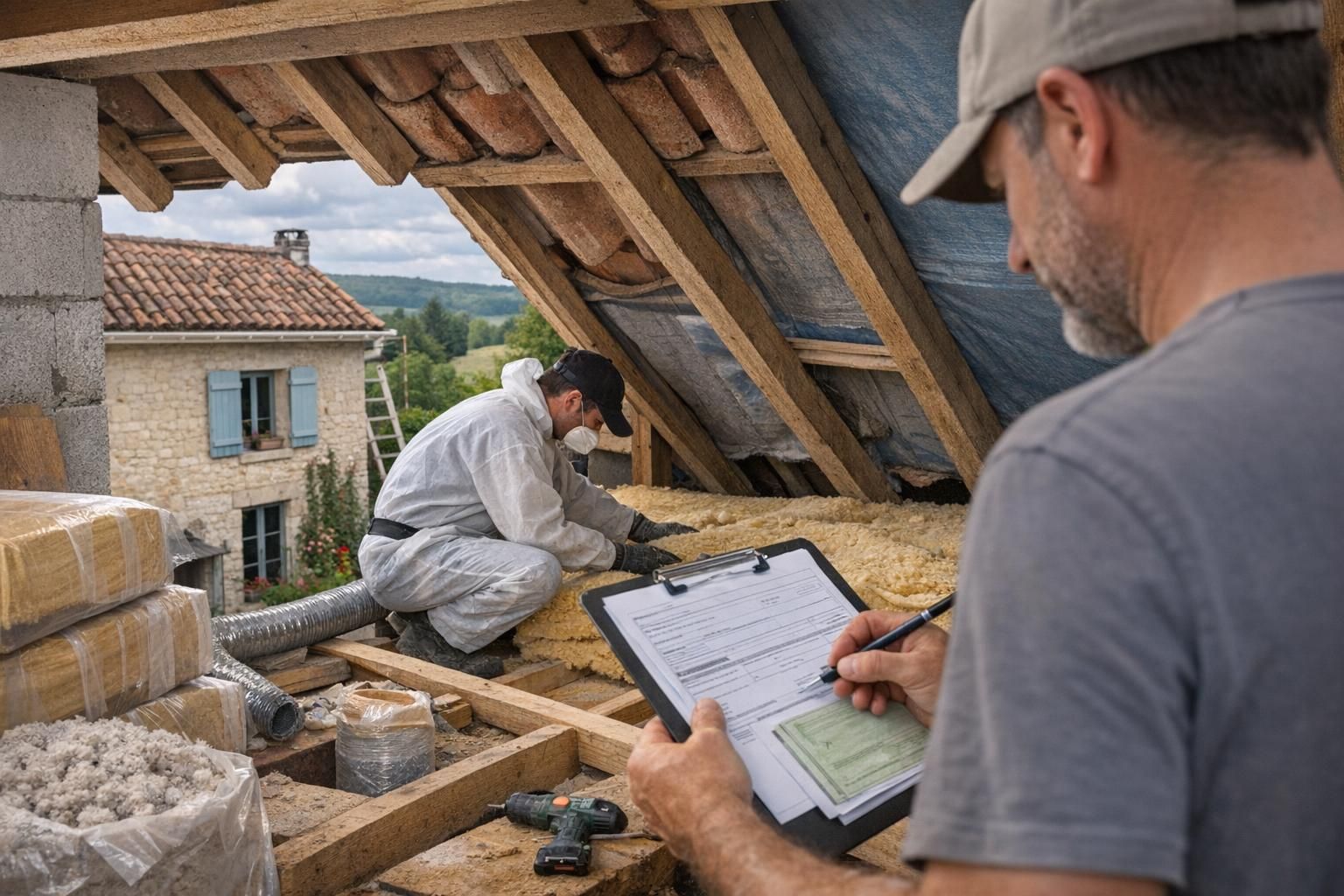 Chantier de rénovation énergétique avec vérification des documents de TVA réduite