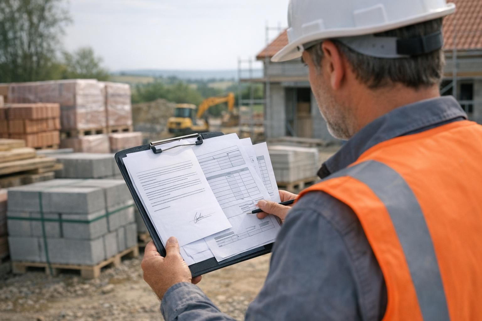 Artisan du bâtiment comparant devis, bon de commande et approvisionnement fournisseur