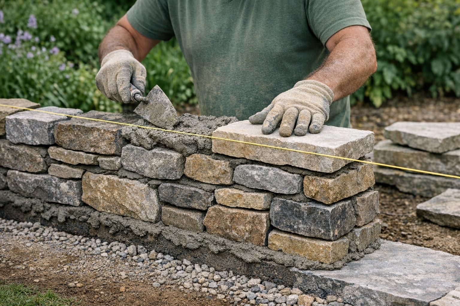 Maçon réalisant un muret en pierre maçonnée avec cordeau et joints visibles