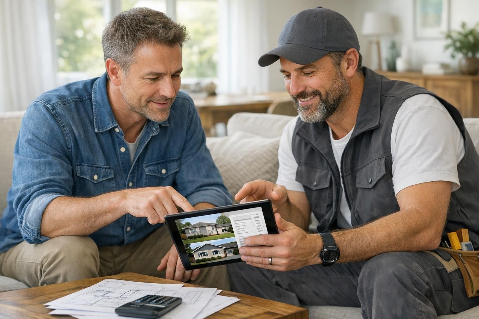 Un artisan présente des visuels et un devis clair à un client à domicile