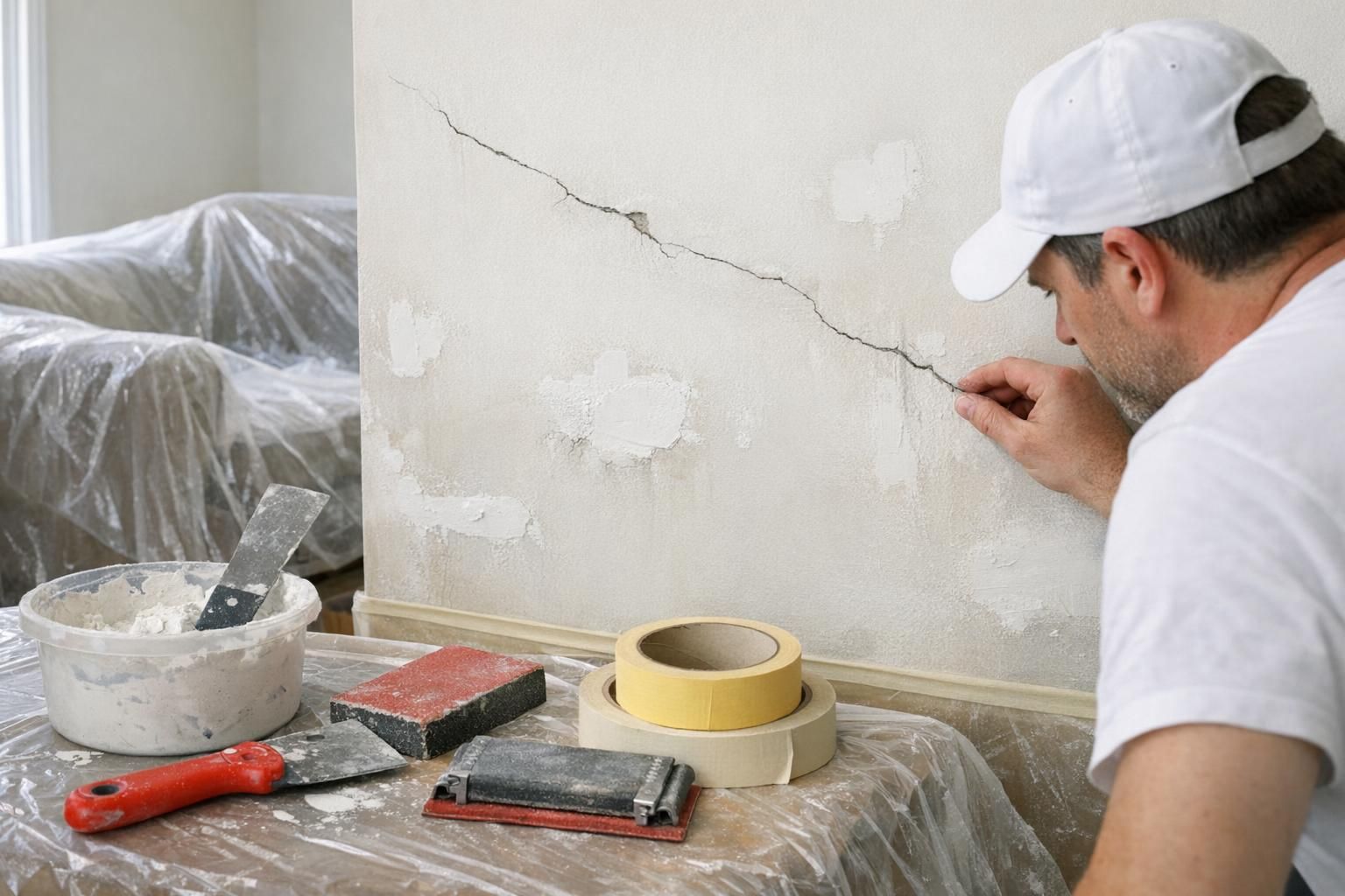 Préparation d’un mur intérieur avant peinture avec rebouchage, ponçage et protections