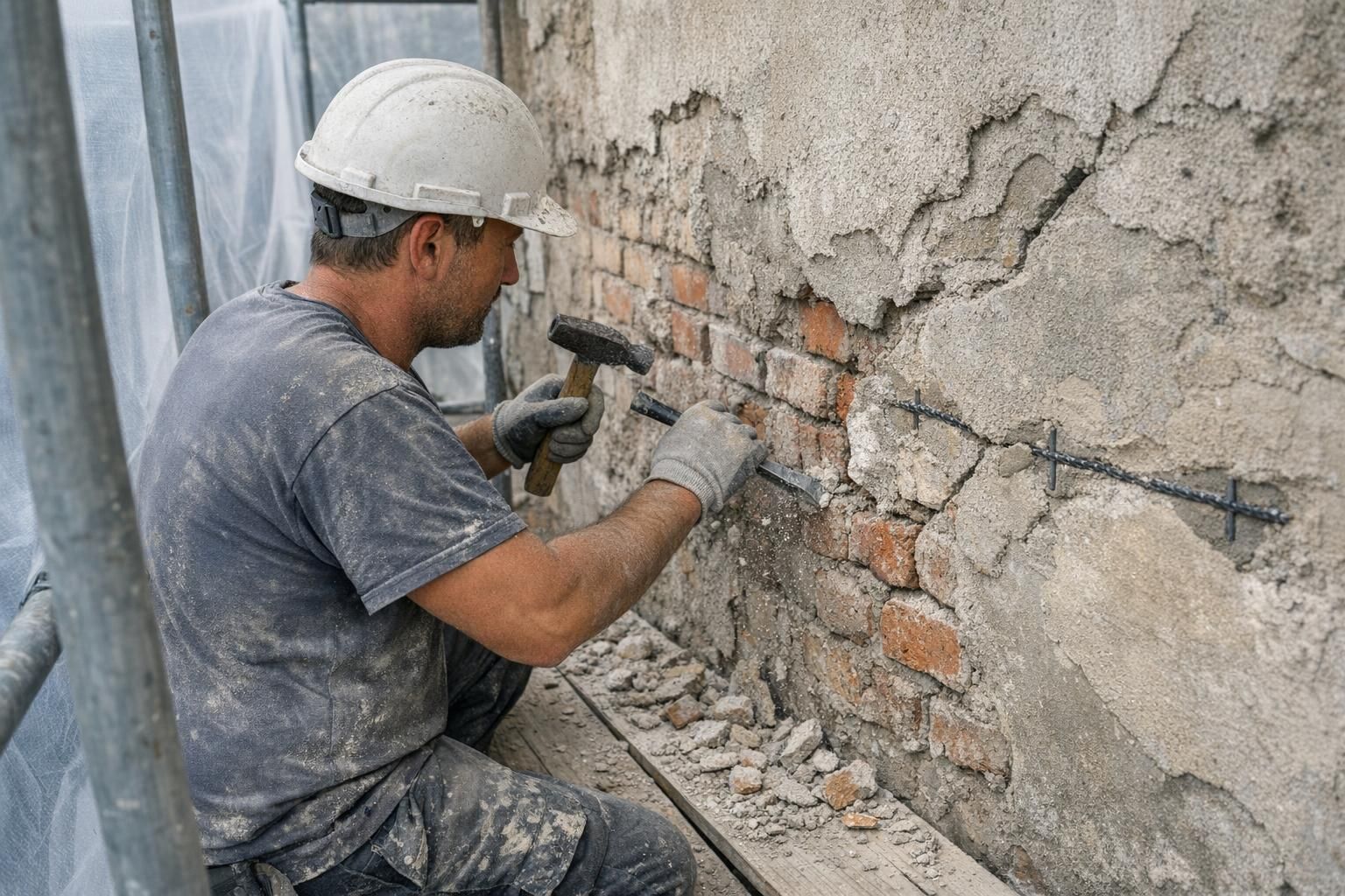 Préparation d'une façade avec piquage de l'enduit dégradé et reprises localisées avant ravalement