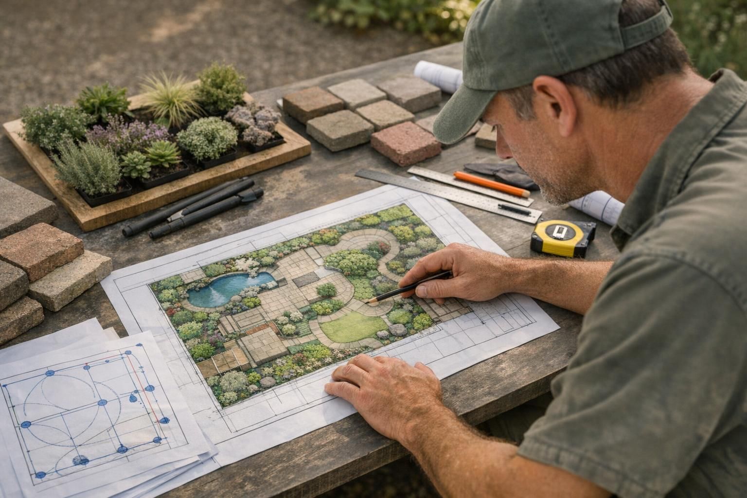 Lecture d’un plan de jardin paysager avec échantillons de matériaux et schéma d’arrosage