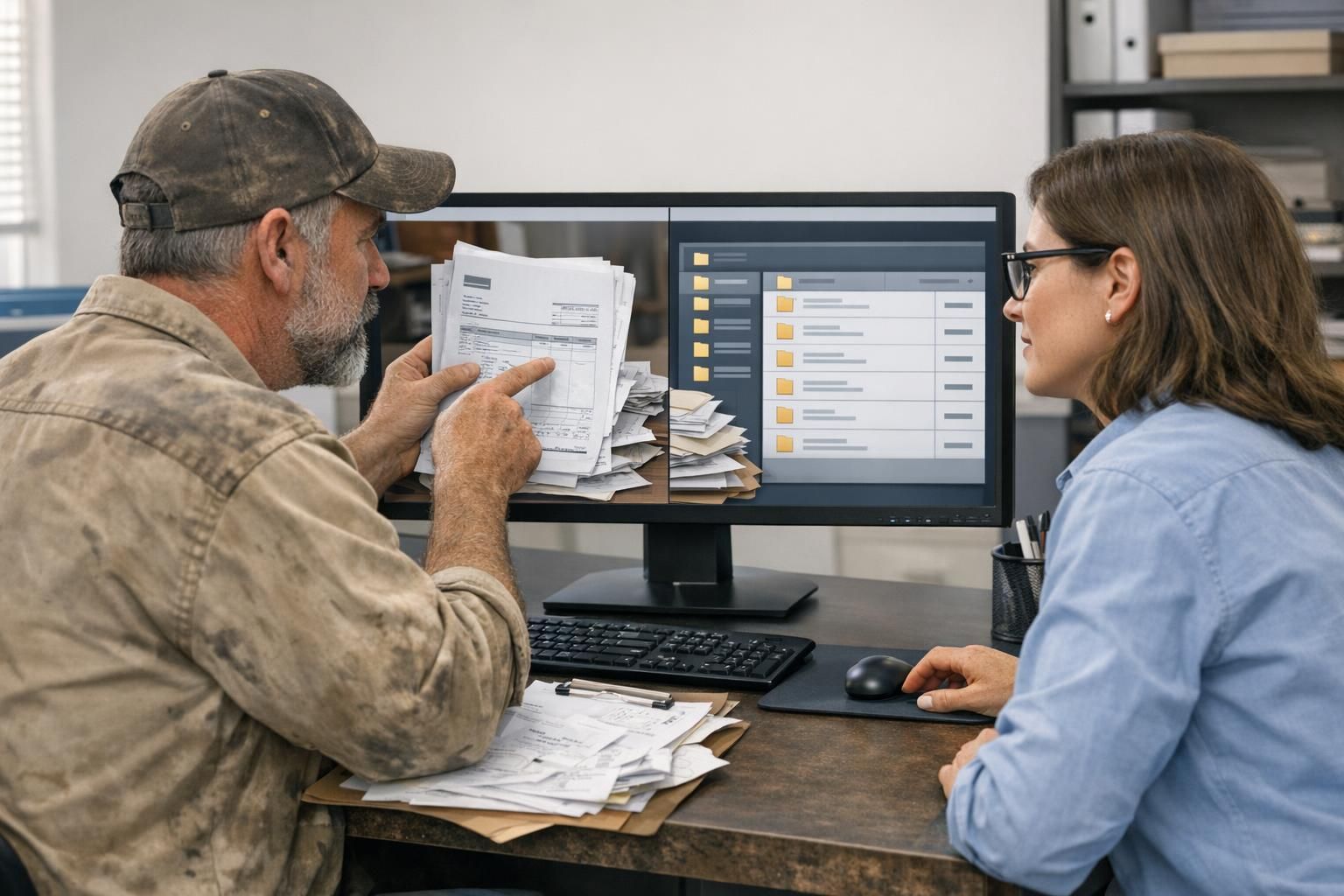 Un artisan et un comptable vérifient l'organisation de la facturation et de l'archivage numérique.