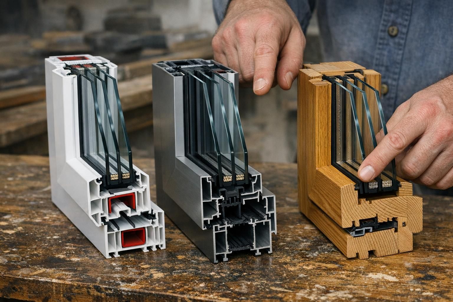 Échantillons de profils de fenêtres PVC, aluminium et bois comparés sur un établi