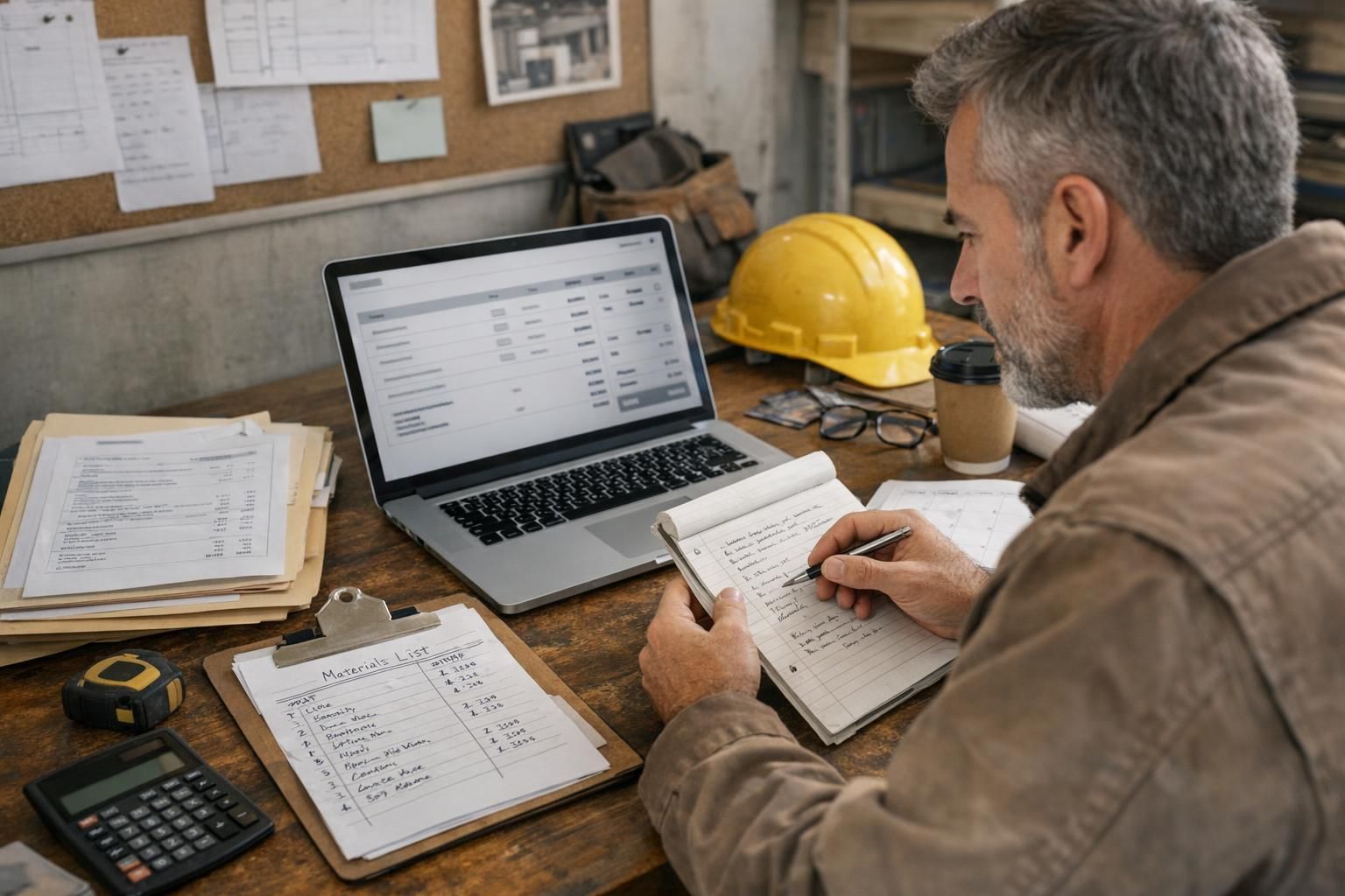 Artisan du bâtiment comparant un outil de devis sur ordinateur avec ses notes de chantier