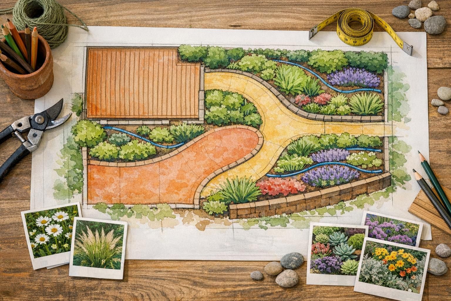 Plan de jardin avec zonage des espaces, réseaux d'arrosage et postes techniques préparés pour le devis