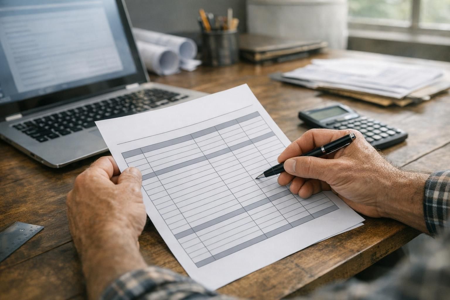 Un artisan vérifie ligne par ligne un devis de travaux sur ordinateur et papier.