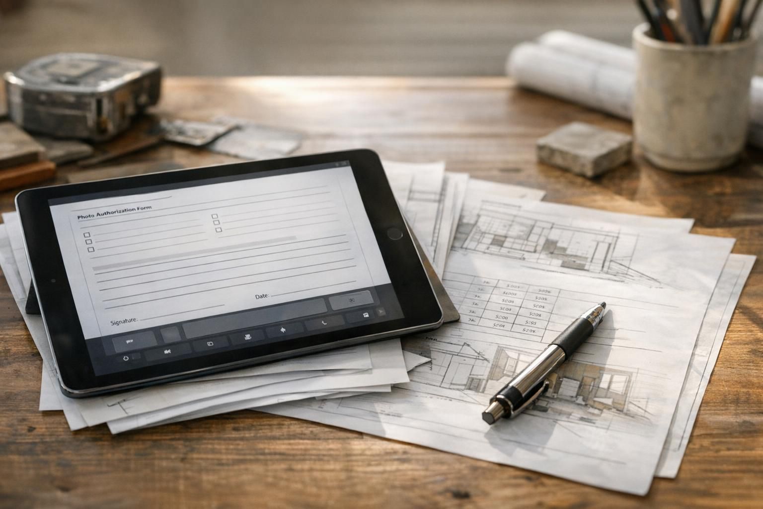 Formulaire d’autorisation de prise et de diffusion de photos de chantier posé à côté d’un devis artisan