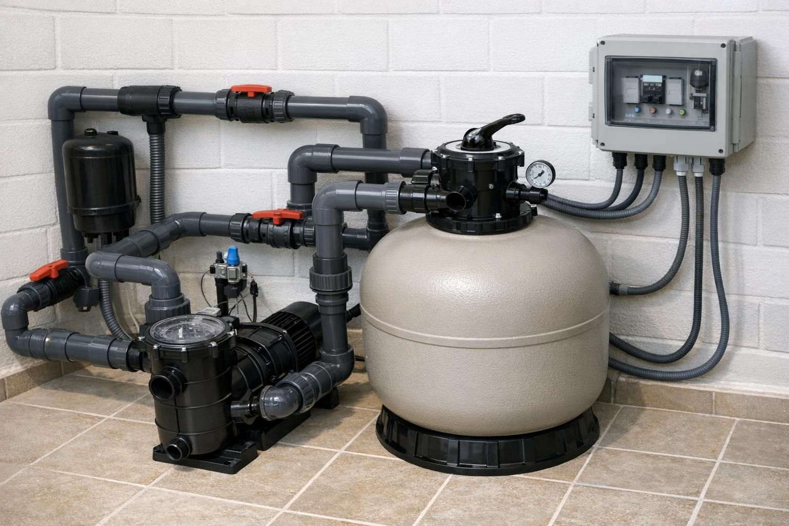 Local technique de piscine enterrée avec filtration, tuyauteries et équipements installés