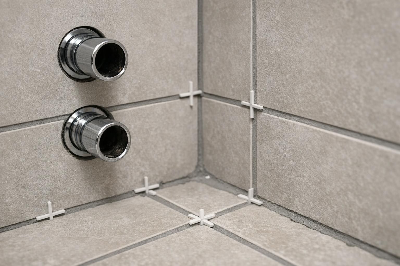 Détail de découpes précises et de joints lors d'une pose de carrelage en pièce humide