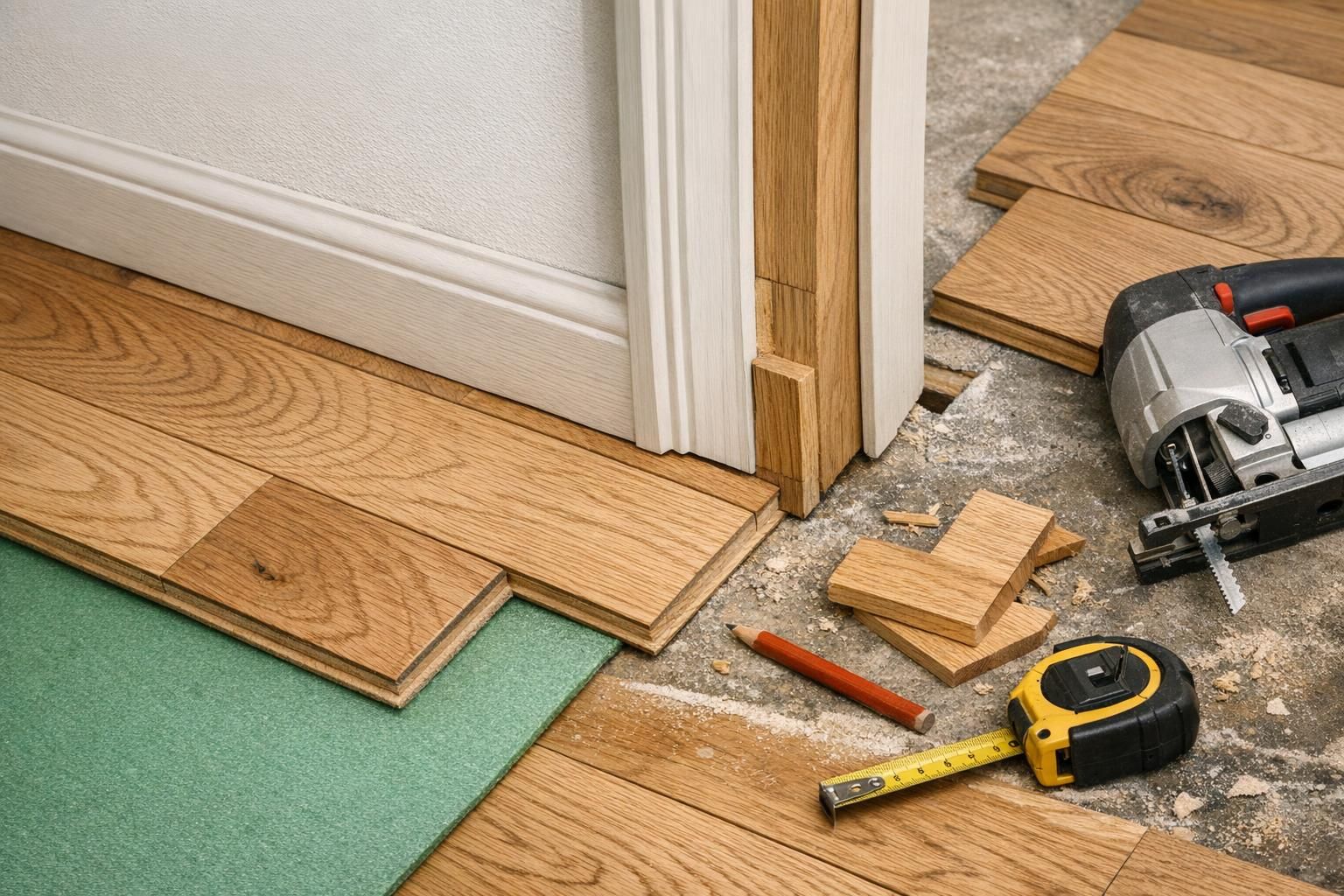 Détail d’une pose de parquet avec jeu périphérique, sous-couche et découpe en pied d’huisserie