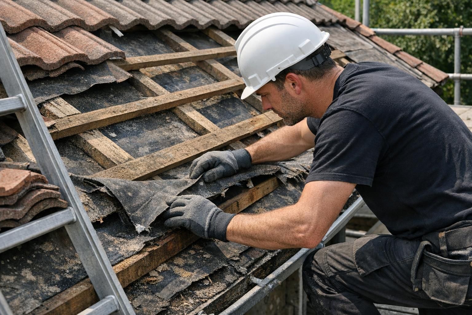 Inspection d'une toiture en cours de réfection avec dépose partielle des tuiles et contrôle du support