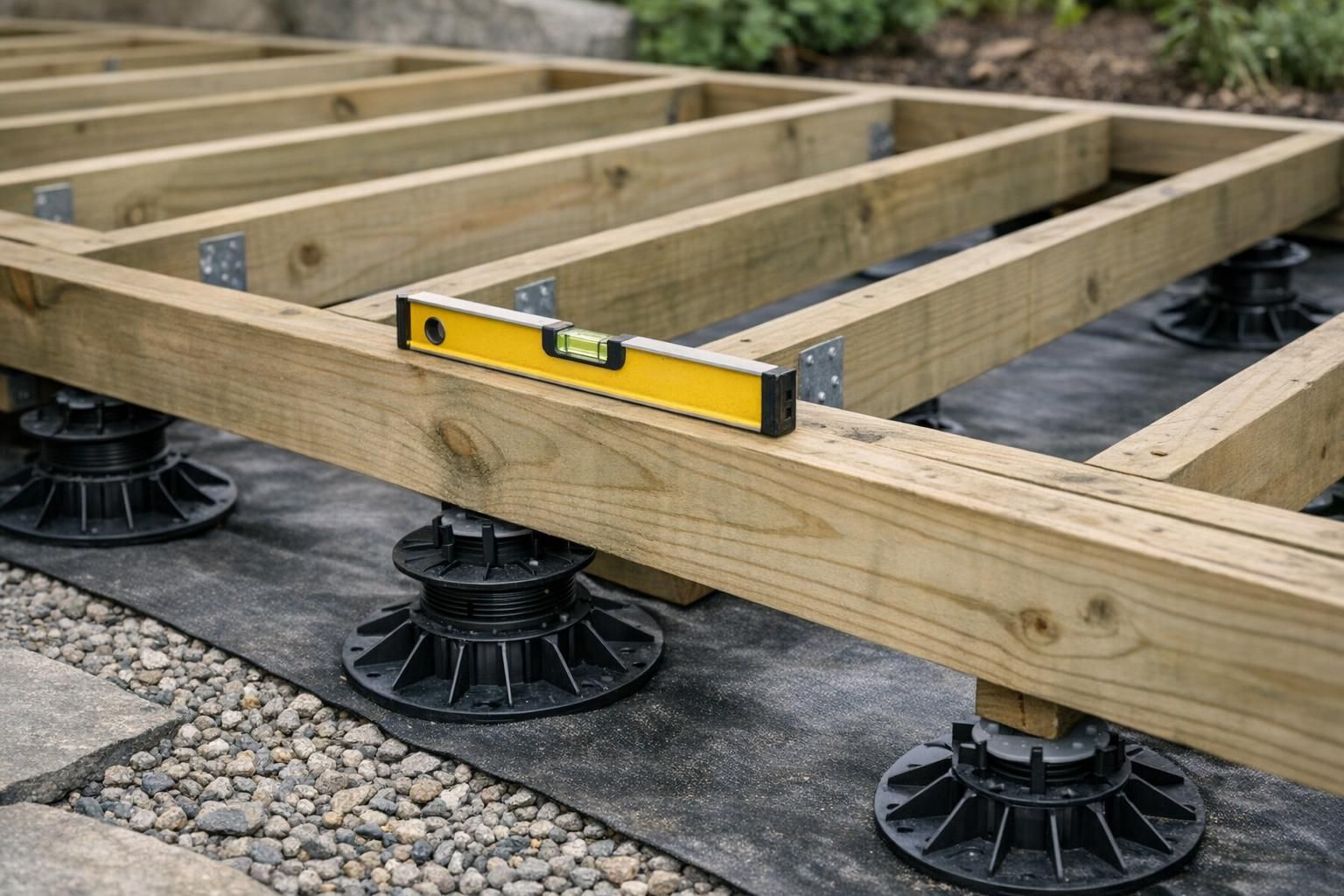 Structure de terrasse bois en cours de pose avec lambourdes et plots réglables