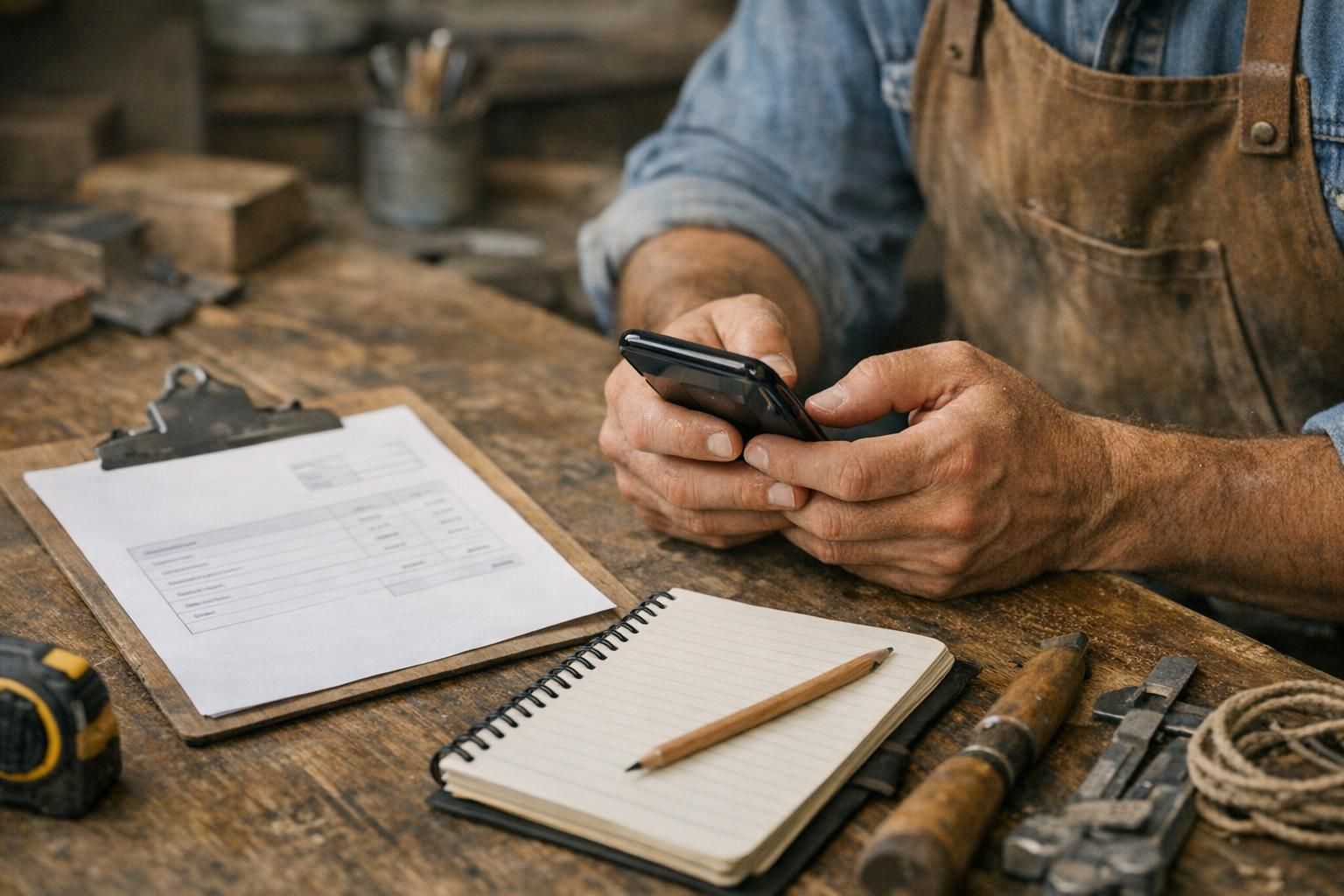 Artisan préparant une relance client par SMS après l’envoi d’un devis