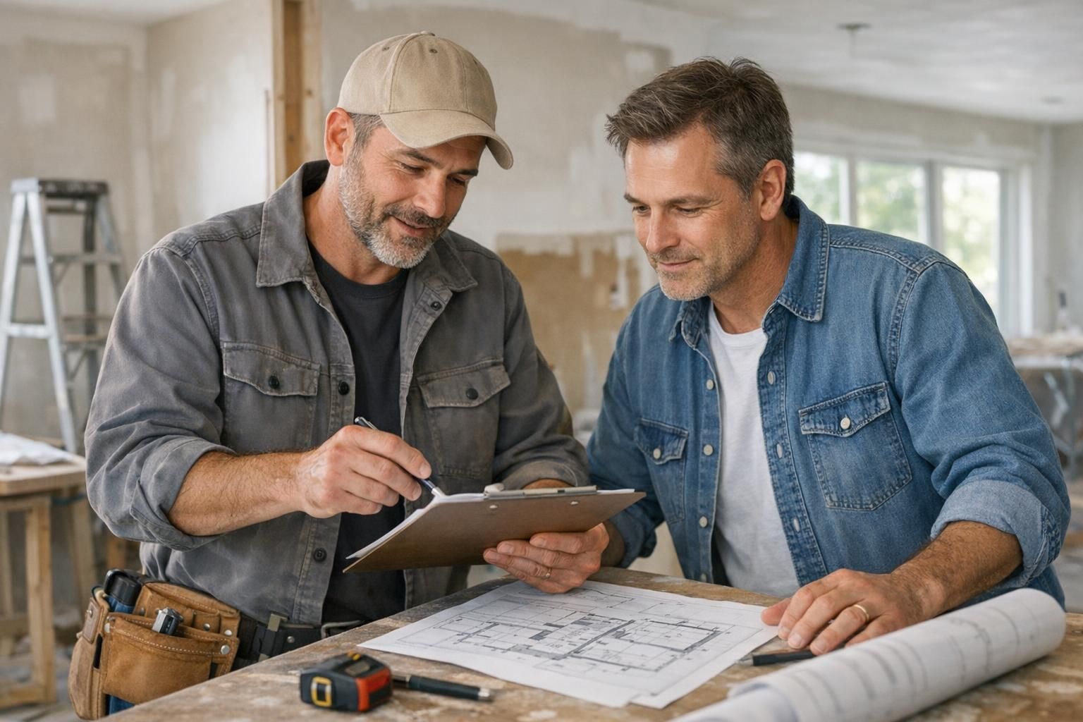 Un artisan présente un devis détaillé à un client sur un chantier de rénovation.