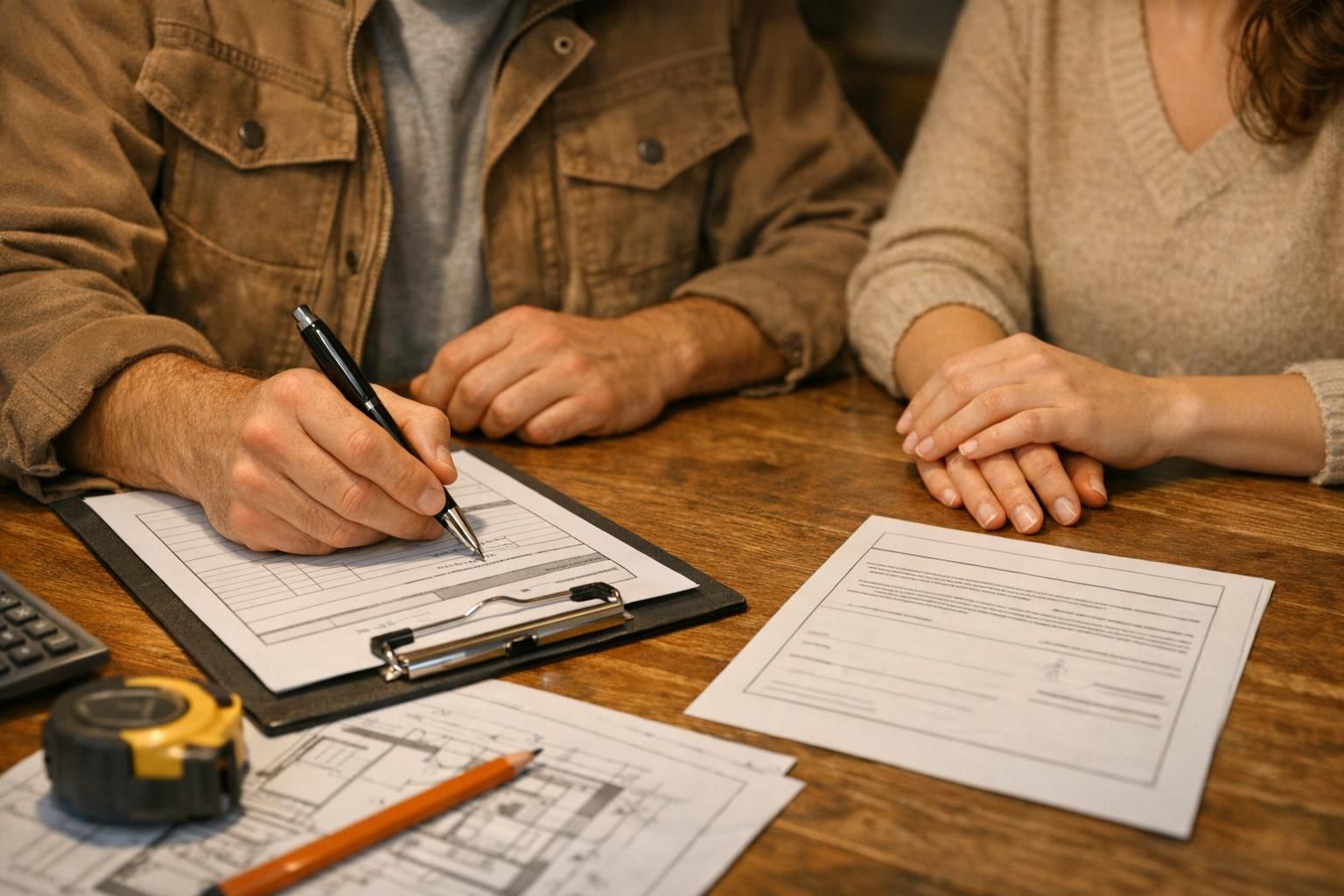 Un artisan et un client vérifient les documents nécessaires pour appliquer la TVA réduite sur des travaux de rénovation.