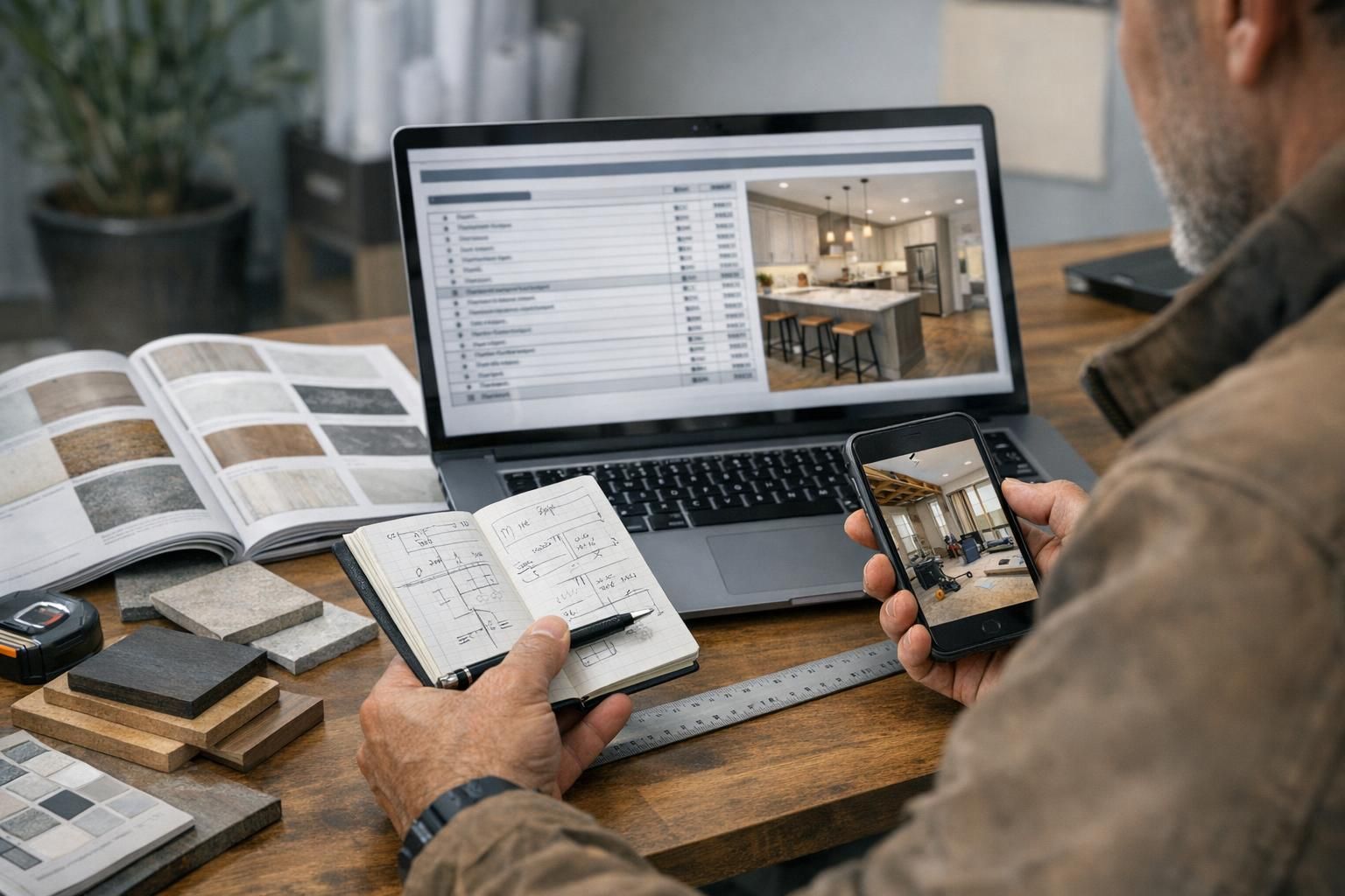Artisan qui vérifie un devis travaux détaillé à partir de notes de chantier