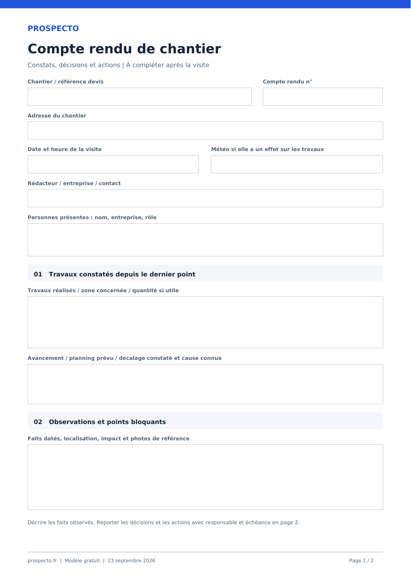 Aperçu réel de la première page du compte rendu chantier