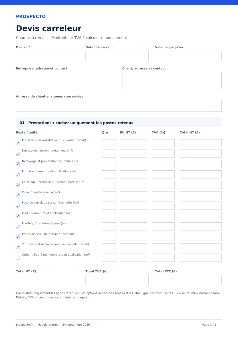 Première page réelle du PDF de devis carrelage, avec postes et champs à remplir