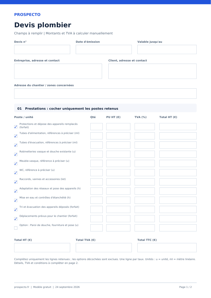 Première page réelle du PDF de devis plomberie, avec postes et champs à remplir