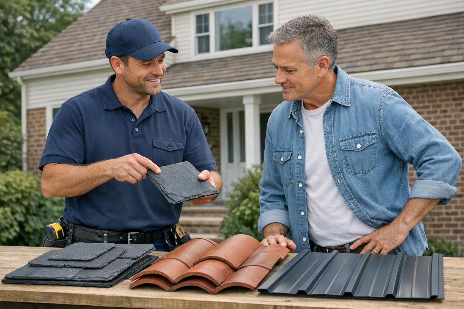 Couvreur présentant des options de rénovation de toiture à un client devant une maison