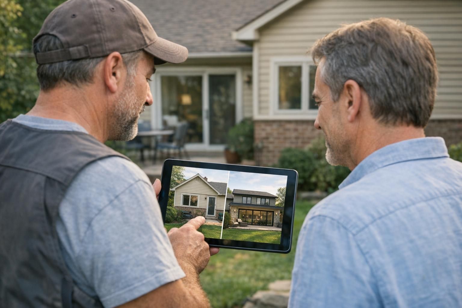 Maçon présentant une visualisation d’extension de maison à un client sur tablette