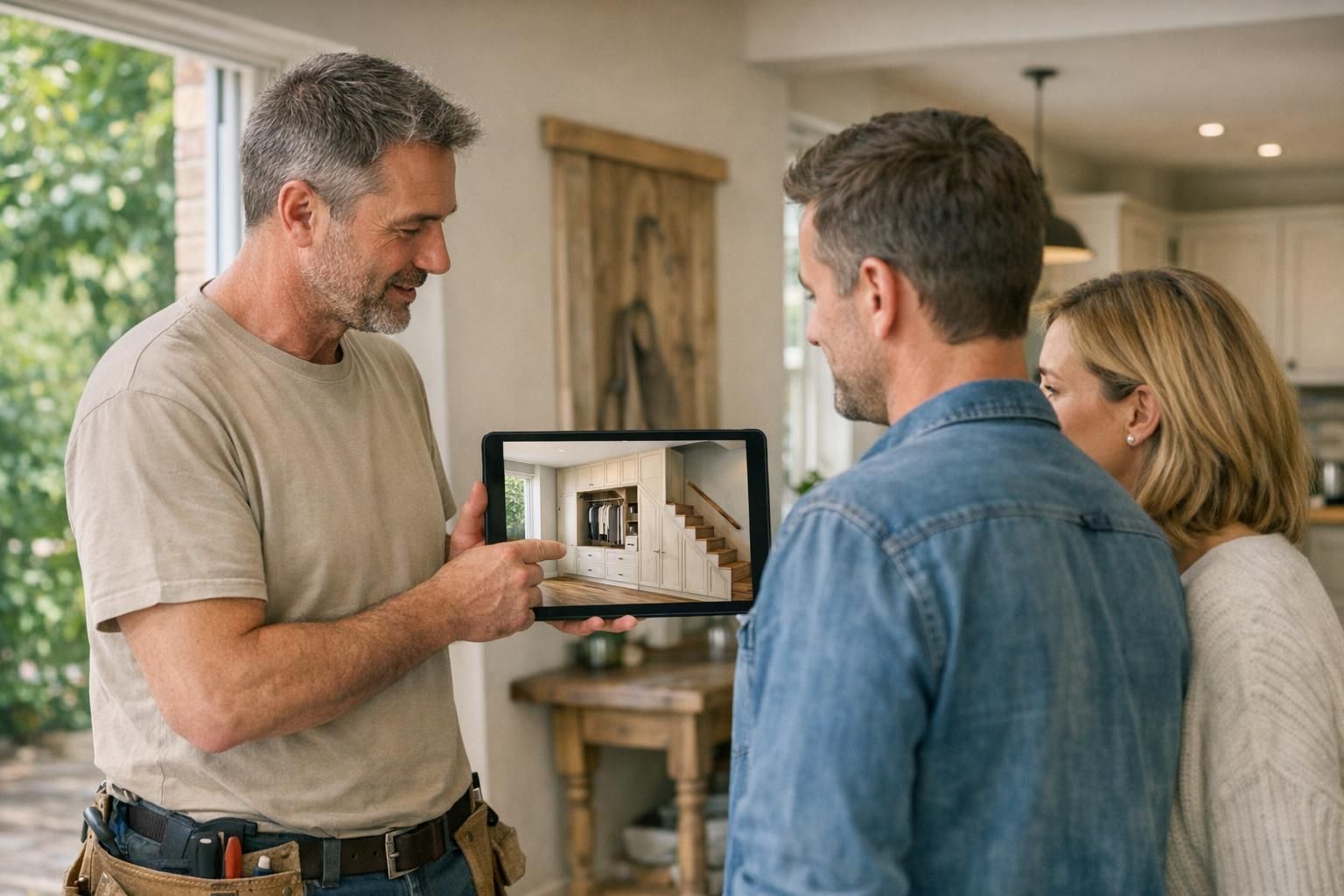 Menuisier présentant un projet d'agencement sur mesure à des clients avant validation