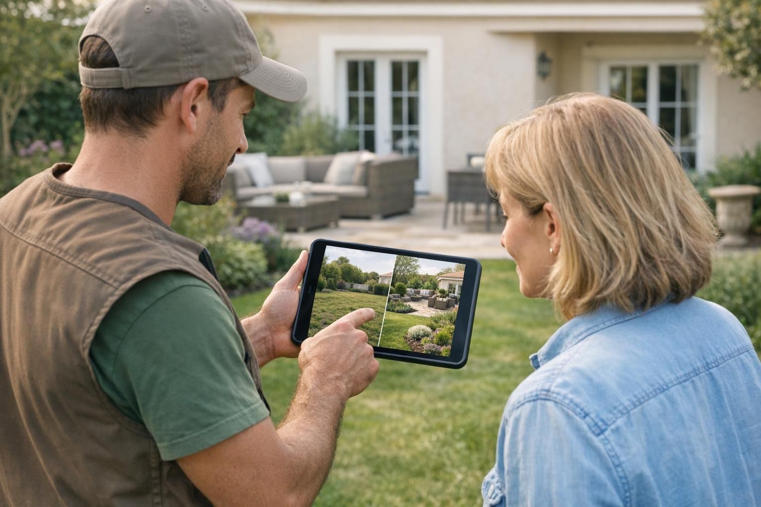 Paysagiste présentant une projection visuelle de jardin à un client sur chantier