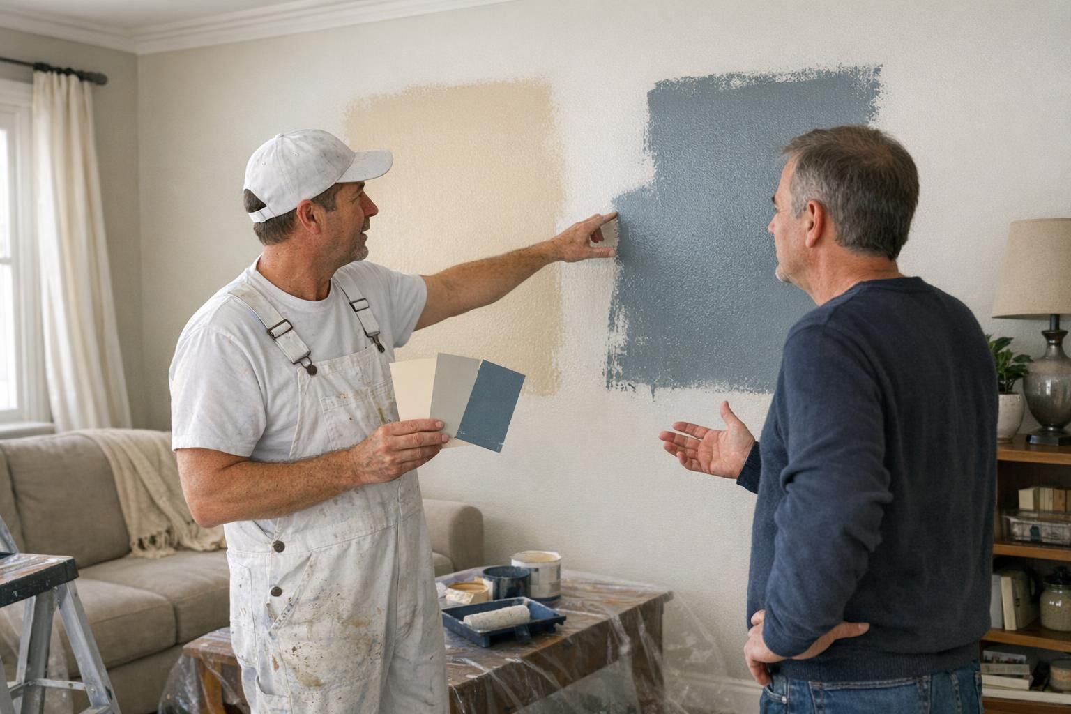 Peintre en bâtiment présentant des variantes de couleur à un client dans un appartement