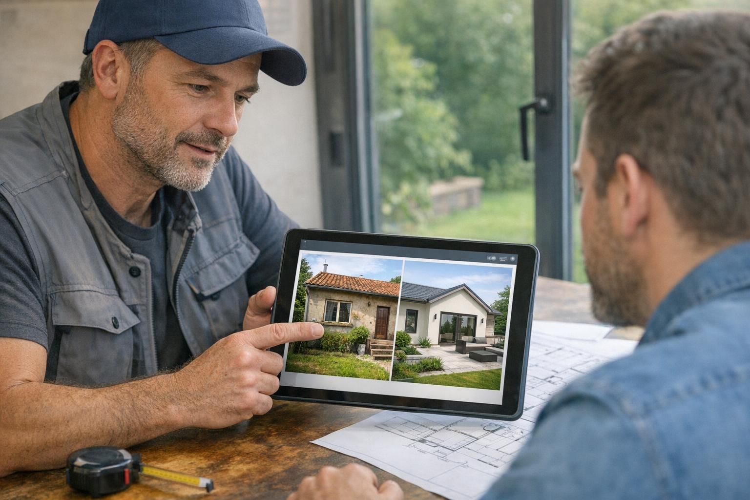 Artisan présentant un devis visuel avec simulation avant après à un client