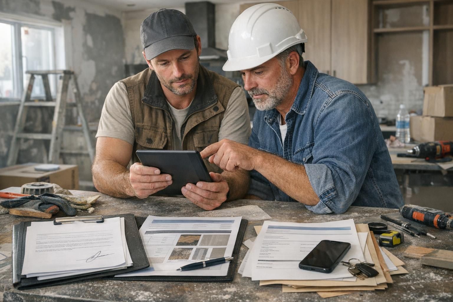 Un artisan consulte sur smartphone le dossier complet d'un chantier avec planning et documents en mobilité.