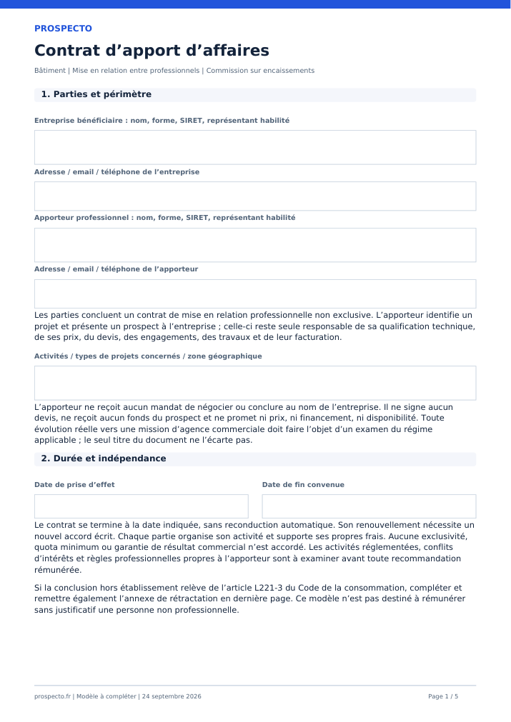 Aperçu réel de la première page du contrat
