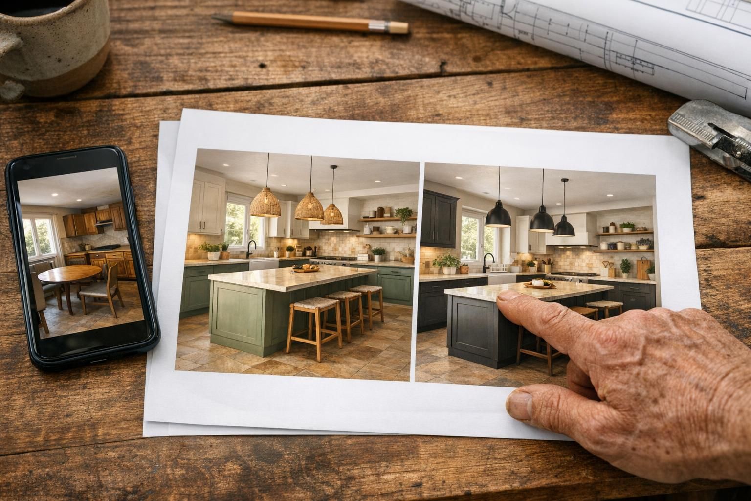 Un artisan présente à son client un rendu photoréaliste avant après d'un projet de travaux à partir d'une photo existante.