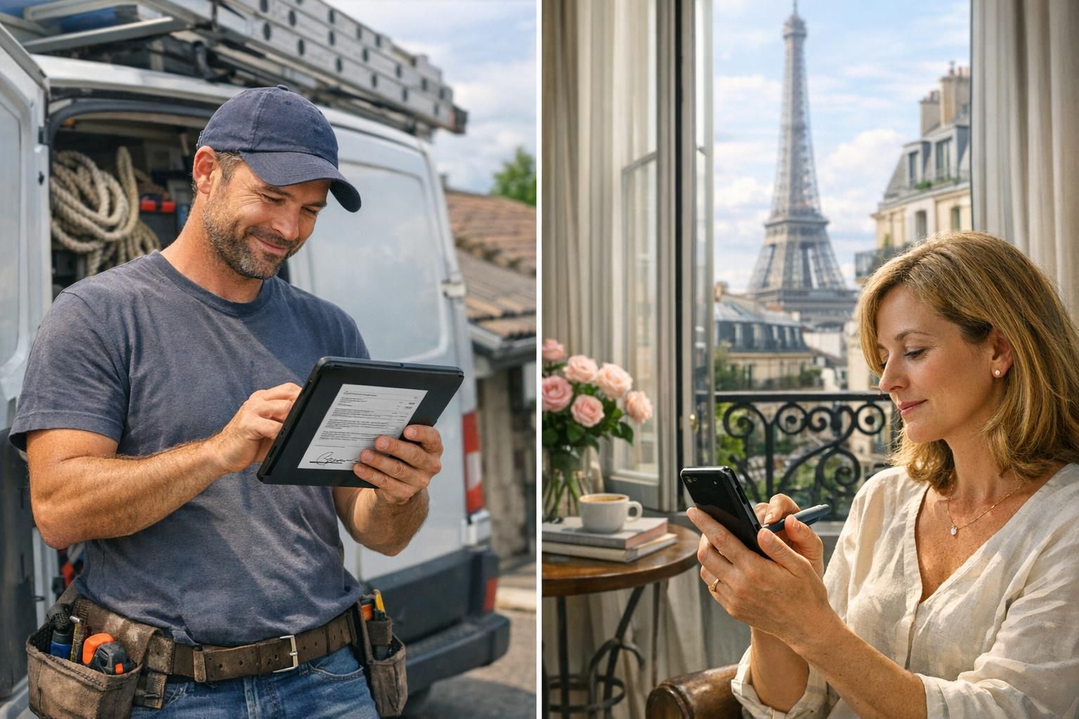 Client signant un devis sur mobile à distance pendant que l'artisan suit la validation